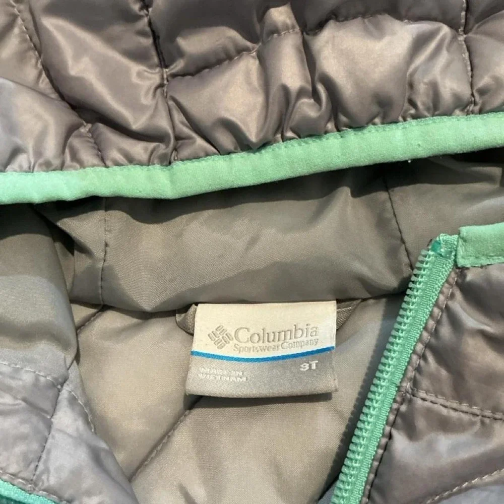 Columbia Puffer Jacket Toddler Girls 3T Grey Mint Green Good Quilted Hooded
